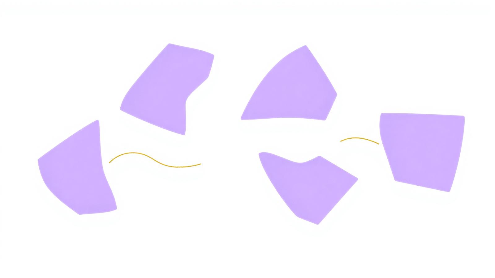 Fragmented lilac shapes illustrating a brand narrative pulling apart