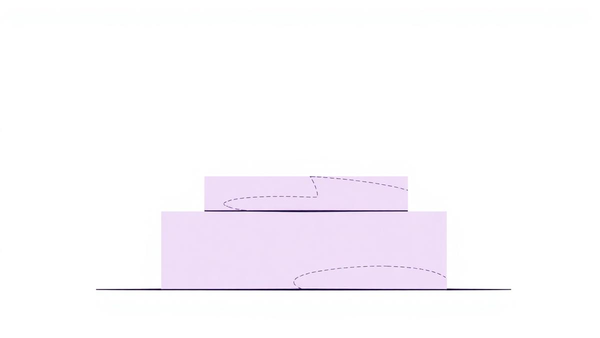 A thin gold line resting on layered lilac blocks illustrating a tagline sitting on a narrative foundation